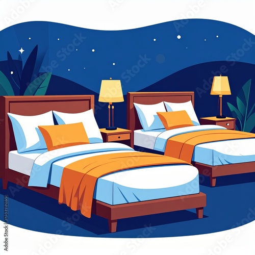 Two Decorated Bedrooms with Twin Beds Orange Accents at Night Illustration