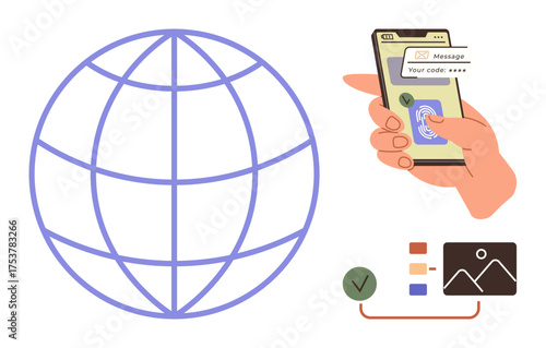 Hand holding smartphone with biometric scan, globe, charts, and elements for analytics and security. Ideal for technology, communication, authentication, internet, globalization data sharing