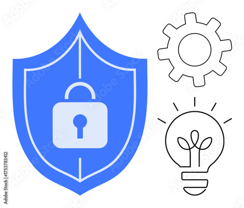 Shield with keyhole lock emphasizing security, gear denoting process optimization, and lightbulb symbolizing innovation. Ideal for technology, cybersecurity, ideation, system design, strategy