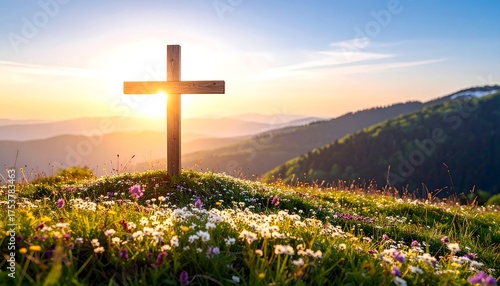 Cruz de madera sobre colina con flores silvestres al amanecer, símbolo de fe, esperanza y renovación espiritual