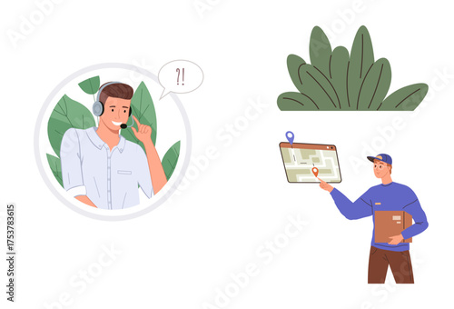 Customer service agent wearing a headset solves inquiries, while a courier tracks a package with a digital map. Ideal for logistics, support, delivery, communication, technology, assistance