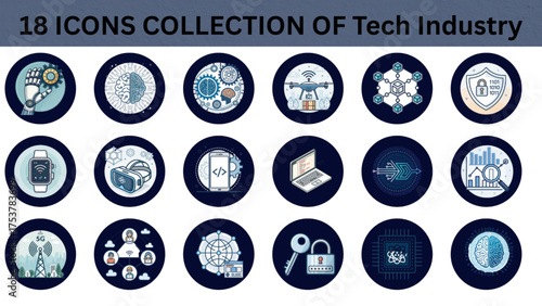 18 Tech Industry Icons Collection — Artificial Intelligence, Blockchain, Cybersecurity, IoT, Cloud Computing, 5G, VR, Data Analytics, Programming, Robotics, Innovation Design Set
