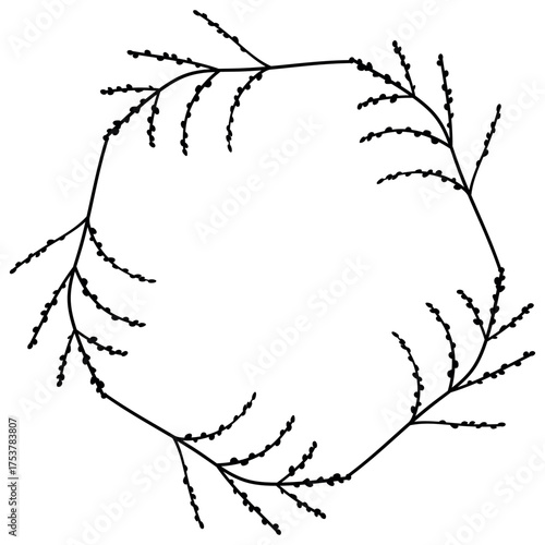 Hand drawn plants, dividers, wreaths, border frames. Circle floral frame with leaves on white background. Vector hand drawn illustration for wallpaper, posters, card. Copy space. Doodle style.