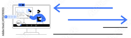 Digital presenter explaining charts on screen with recording tools, communication arrows, and analytics. Ideal for e-learning, webinars, tutorials, business, communication, training content