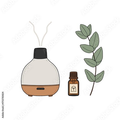 Aromatherapy diffuser with essential oil bottle and eucalyptus branch.