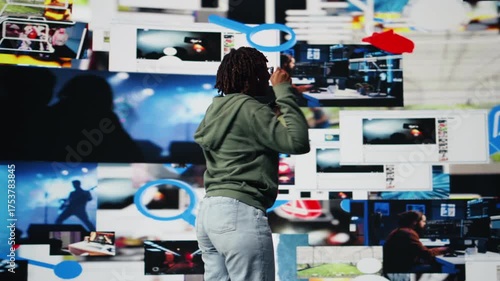 Wallpaper Mural Joyous teenager records voice note on smartphone, thrilled to talk about movie with friend, videowall backdrop. Happy young woman delighted to share audio message to mate using mobile phone, camera A Torontodigital.ca