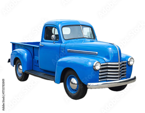 Isolated classic blue pickup truck, vintage American vehicle, antique car, transportation