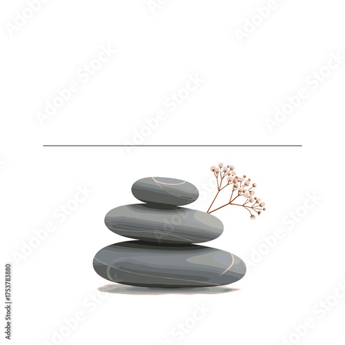 Balanced zen stones pyramid with a delicate gypsophila flower branch illustration.