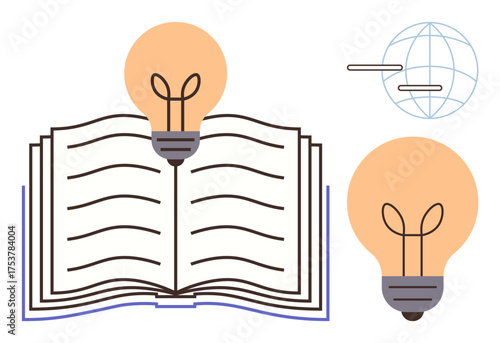 Open book with glowing lightbulbs symbolizing creativity and knowledge, accompanied by a globe sketch. Ideal for education, innovation, global learning, research, inspiration, knowledge exchange