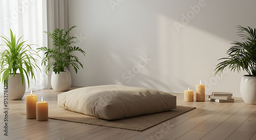 Minimal zen room with floor cushion, candles, and indoor plants, soft neutral tones, peaceful design