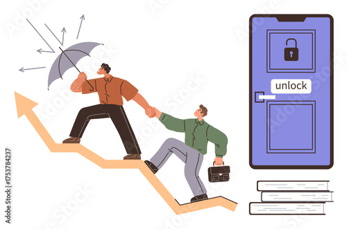 Two individuals ascending a growth arrow, one shielding with an umbrella while aiding the other, next to an unlocked door by stacked books. Ideal for teamwork, growth, resilience, leadership