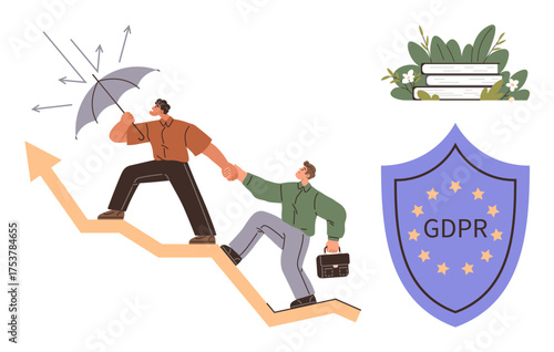 Two individuals climbing an arrow chart, shielding from risks with an umbrella, beside GDPR compliance shield and books with plants. Ideal for business, growth, teamwork, strategy, protection
