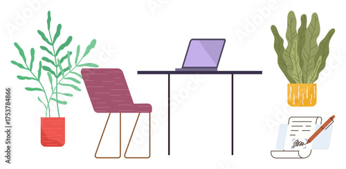 Laptop on sleek table, modern chair, potted plants, and signing document. Ideal for workspace, productivity, home office, work-life balance, focus creativity simple flat metaphor