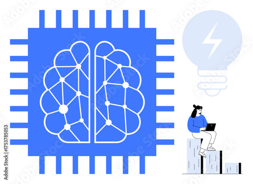 Digital brain within microchip symbolizes artificial intelligence, machine learning. Woman working on laptop implies data analysis, innovation, progress. Ideal for AI, tech, neural networks, data