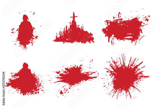 Red silhouettes depict various figures and splatters blood splashes against clean white backdrop. design can enhance graphic project, offering striking visual flair that stands out