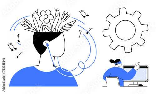 Person listening to music cultivating creativity with flowers, notes, gear, and focused worker using computer. Ideal for concepts of creativity, productivity, innovation, focus, self-improvement