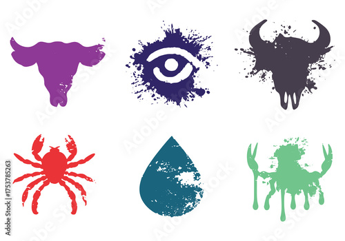 Six unique vector silhouettes displayed on white background. collection includes animal icons and abstract shapes, highlighting artistic expression through bold colors and designs