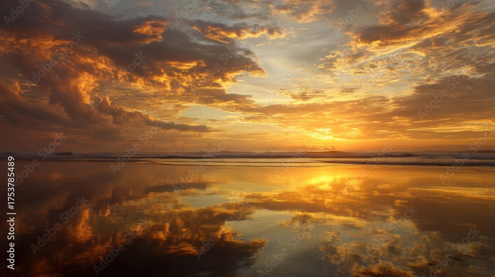 Naklejka premium Serene Sunset Over Calm Ocean with Golden Reflections and Colorful Cloudscape in the Sky at Dusk Capturing Nature's Tranquility and Beauty