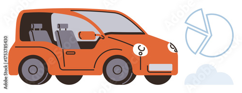 Orange modern car with open interior alongside a pie chart and cloud. Ideal for innovation, technology, analytics, transportation, sustainability, digital trends, smart systems. Simple flat metaphor