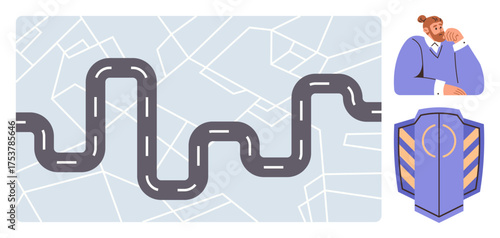 Winding road on map background, thoughtful businessman, and shield badge symbolizing strategy, navigation, and protection. Ideal for strategy, journey, decision-making, direction leadership growth