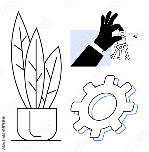 Hand holding keys, leafy potted plant, and large gear. Ideal for business, sustainability, teamwork, innovation, real estate problem-solving and opportunity concepts. Minimalist flat metaphor