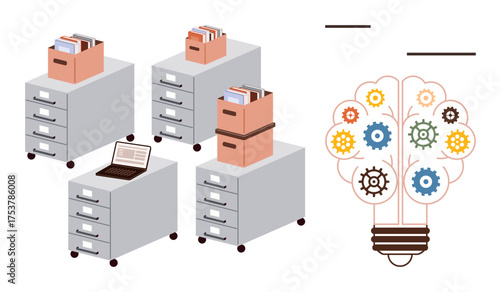 Filing cabinets with documents and a laptop alongside a lightbulb-shaped cluster of gears symbolize ideas, innovation, organization, productivity, storage, workplace efficiency, and creativity