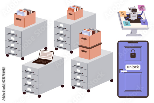 File cabinets with folders, a laptop on top, a digital interface with a lock icon, and a purple door labeled unlock. Ideal for concepts thumbs up organization, data storage, security, technology