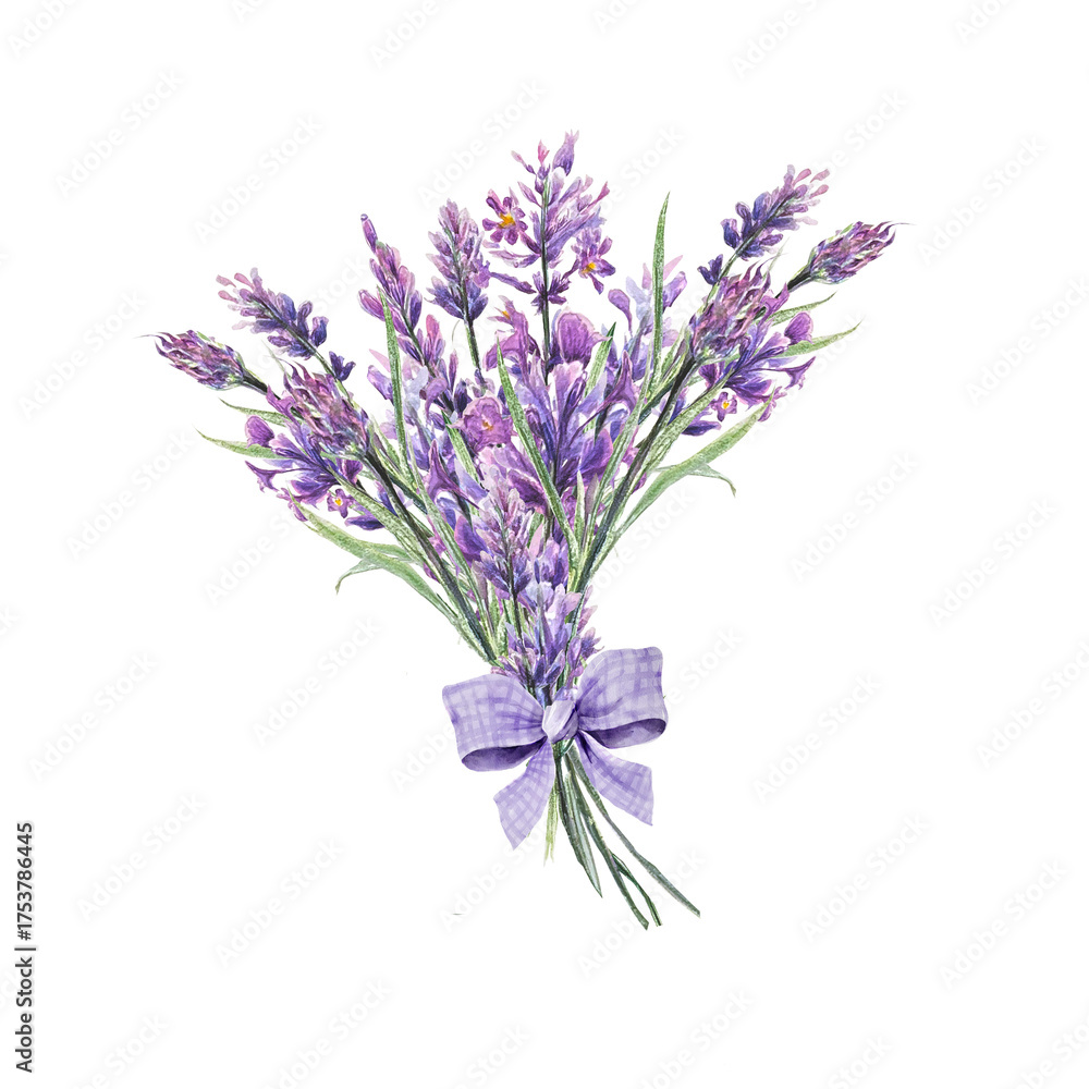 Obraz premium Elegant watercolor lavender bouquet tied with a gingham lilac ribbon on white background. Ideal for stationery, invitations, floral prints, and gift labels.