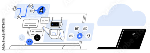 Robot assistant managing messages, user feedback icons, e-commerce, and support applications on a laptop screen. Ideal for technology, AI, cloud computing, customer interaction, automation virtual