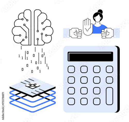 Brain with digital circuits and binary data, layered processor, calculator, woman making stop gesture. Ideal for AI, ethics, technology, decision-making, programming computation innovation
