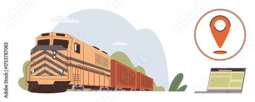 Freight train carrying goods, location pin symbolizing tracking, and laptop showcasing logistics. Ideal for logistics, shipping, tracking, transportation, technology cargo supply chain. Simple flat