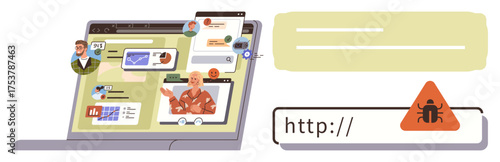 Laptop interface with online communication, diverse users, and charts. A bug warning near a URL signifies risks. Ideal for cybersecurity, teamwork, online communication, problem-solving, risk