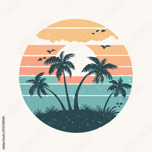 Vintage tropical sunset with silhouetted palm trees and seagulls, retro distressed design, perfect for apparel