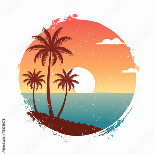 Tropical Sunset Scene Palm Trees, Ocean, and Sky in Vintage Circle Design