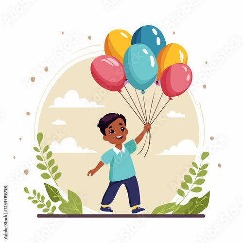 A delightful illustration of a happy young boy skipping outdoors, joyfully holding a vibrant bunch of balloons, symbolizing childhood freedom and carefree imagination