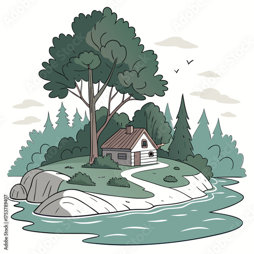 Flat Design Scenic Island in Lake Vector Illustration on White Background