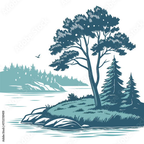 Flat Design Scenic Island in Lake Vector Illustration on White Background