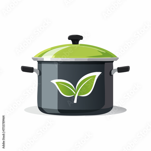 Minimalist vector illustration of a cooking pot with a green leaf symbol, representing a plant-based diet and healthy, organic meal preparation
