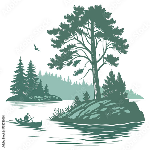 Flat Design Scenic Island in Lake Vector Illustration on White Background