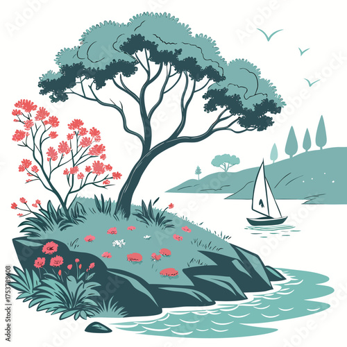 Flat Design Scenic Island in Lake Vector Illustration on White Background