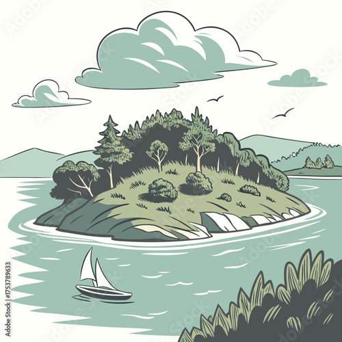 Flat Design Scenic Island in Lake Vector Illustration on White Background