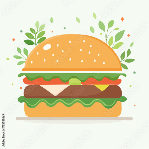 A vibrant flat design illustration of a delicious plant-based cheeseburger, garnished with fresh green leaves, representing a healthy vegetarian food choice