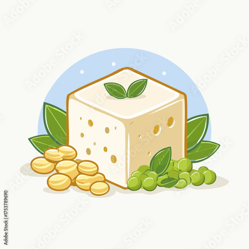 Healthy Tofu and Soybean Cubes with Fresh Green Peas and Basil Leaves - Clean Vector Illustration