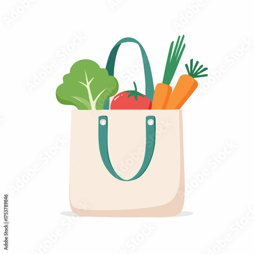 Minimalist vector illustration of a reusable grocery bag filled with fresh, healthy vegetables, symbolizing sustainable shopping and an eco-friendly lifestyle choice