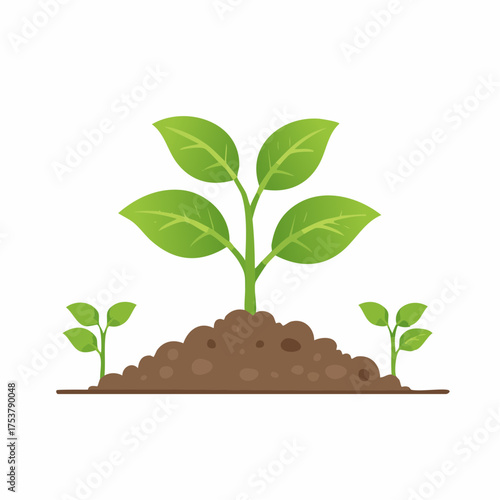 Simple flat vector illustration featuring green plant sprouts growing from fertile soil. Symbolizing natural growth, ecological vitality, and sustainable living principles