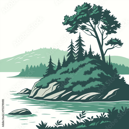 Flat Design Scenic Island in Lake Vector Illustration on White Background
