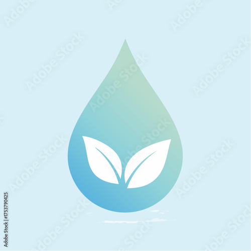 Conceptual vector icon representing ecology and sustainability, featuring a fresh plant sprout with two leaves growing inside a pure water droplet