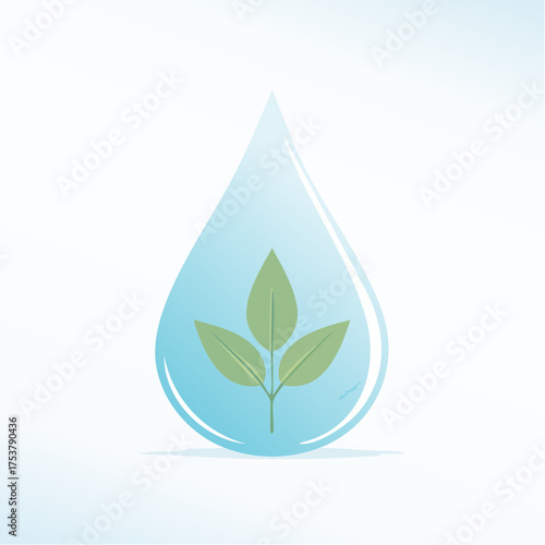 Symbolic design of a fresh green plant sprout inside a clear blue water drop, representing ecology, conservation, and new life
