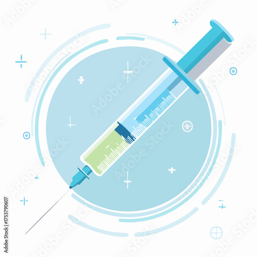Conceptual illustration of a syringe used for vaccination, medical injection, and healthcare treatment on a modern background