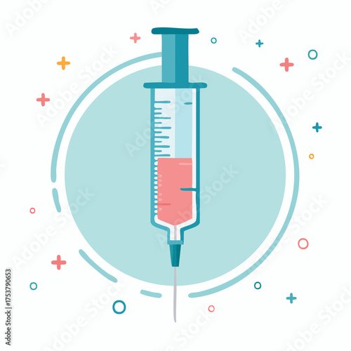 Medical syringe icon with a needle and red liquid for injection, representing vaccination, immunization, and healthcare treatment in a flat vector design